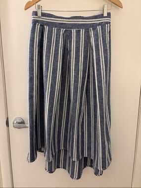 Max Studio Linen Navy and White Striped High-Low Pull on Beachy Midi Skirt SZ M